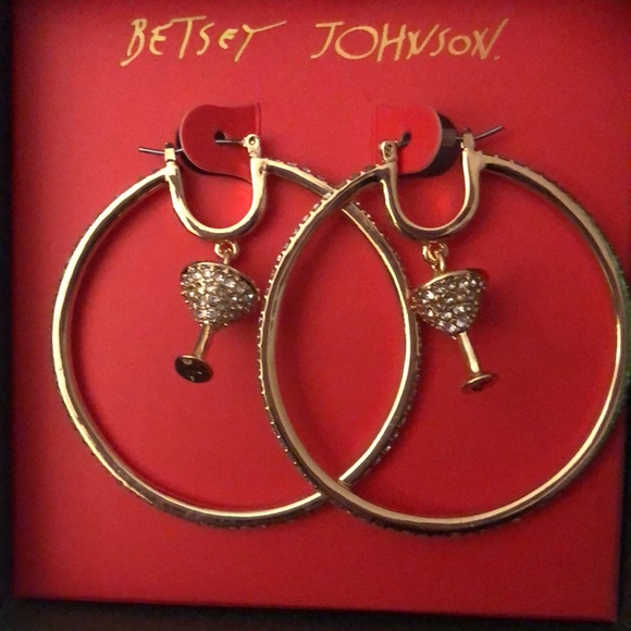 Betsey Johnson Gold Tone Hoop Earrings With Martini Charm & Crystal Accents NIB - Picture 8 of 13